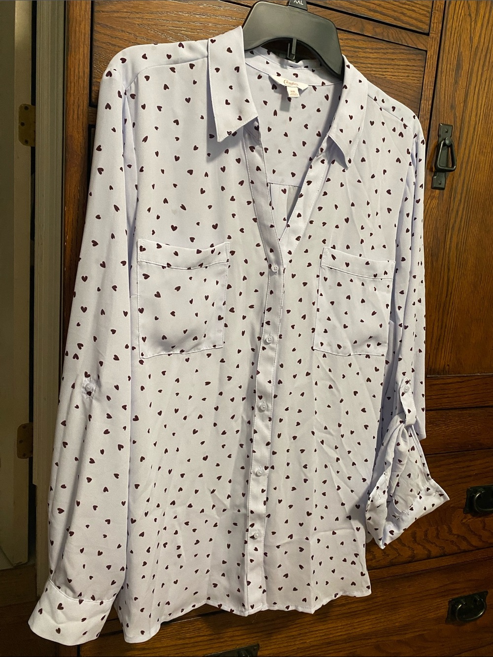 Candies Light Lavender Button-Down Shirt with Burgundy Heart Print, Juniors XXL